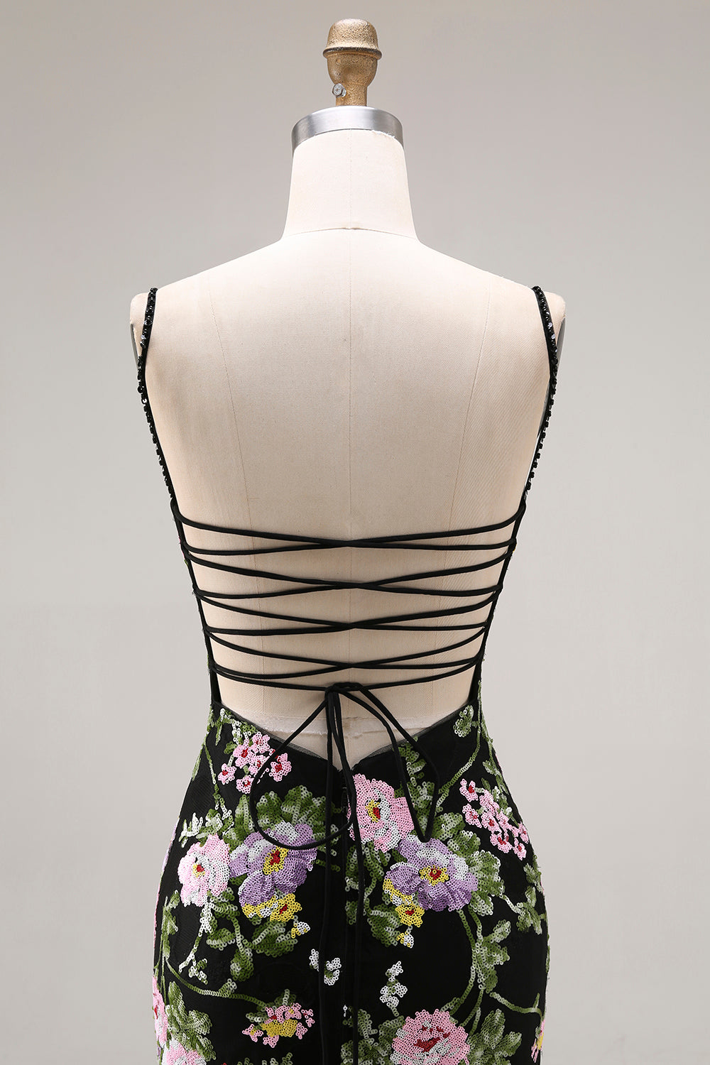Black Pink Floral Tiered Sequin Prom Dress
