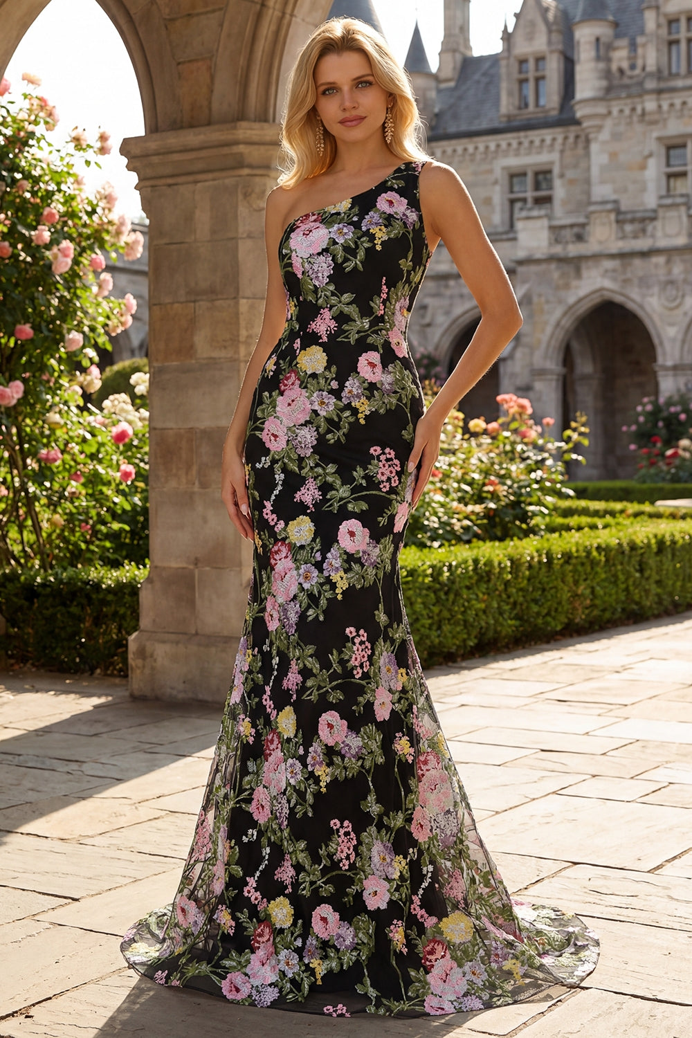 One Shoulder Mermaid Black Floral Prom Dress