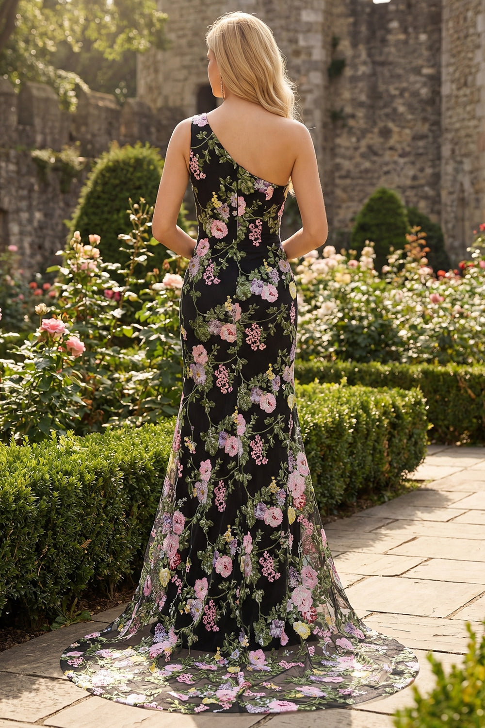 One Shoulder Mermaid Black Floral Prom Dress