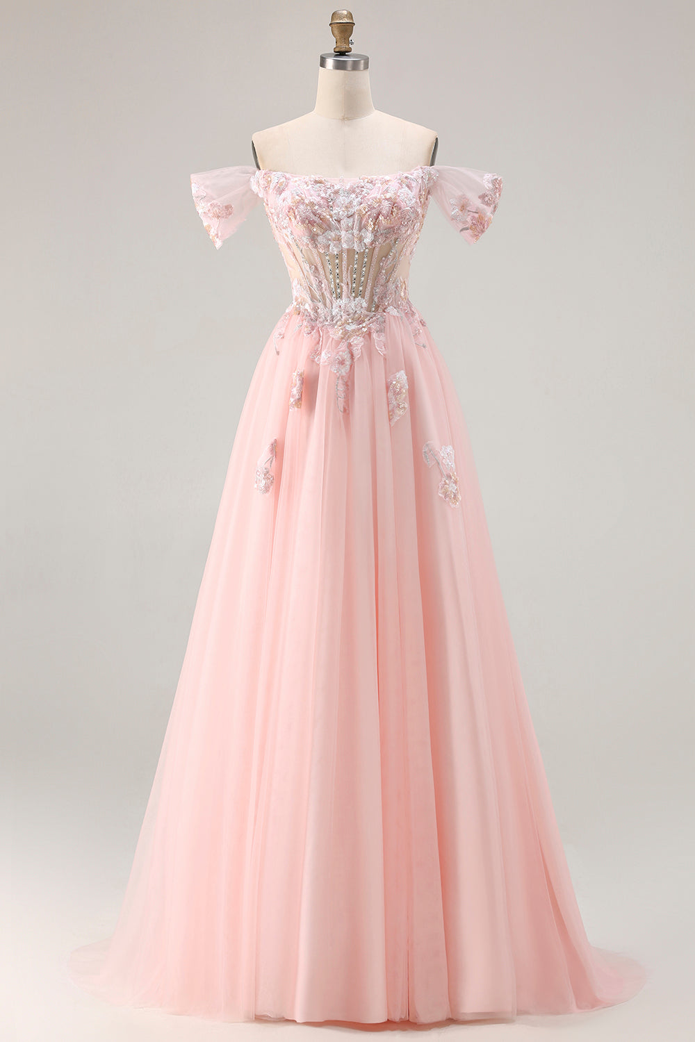 Sparkly Off The Shoulder Corset A-Line Pink Prom Dress