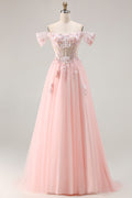 Off The Shoulder Corset A-Line Pink Prom Dress With Sequins
