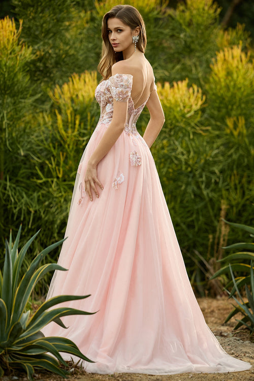 Sparkly Off The Shoulder Corset A-Line Pink Prom Dress