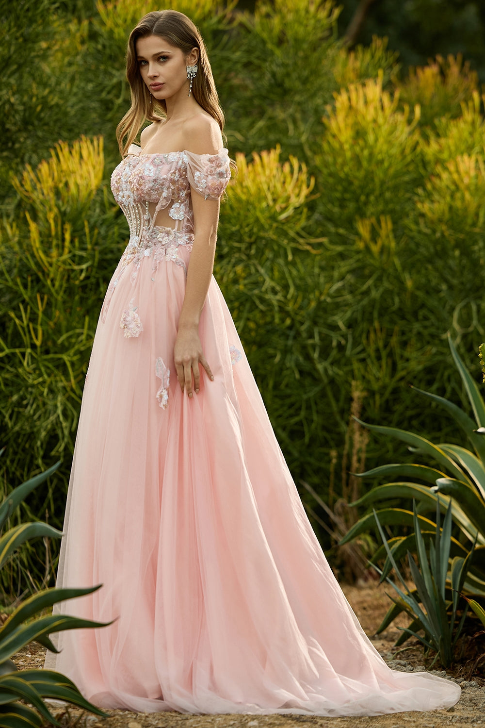 Sparkly Off The Shoulder Corset A-Line Pink Prom Dress