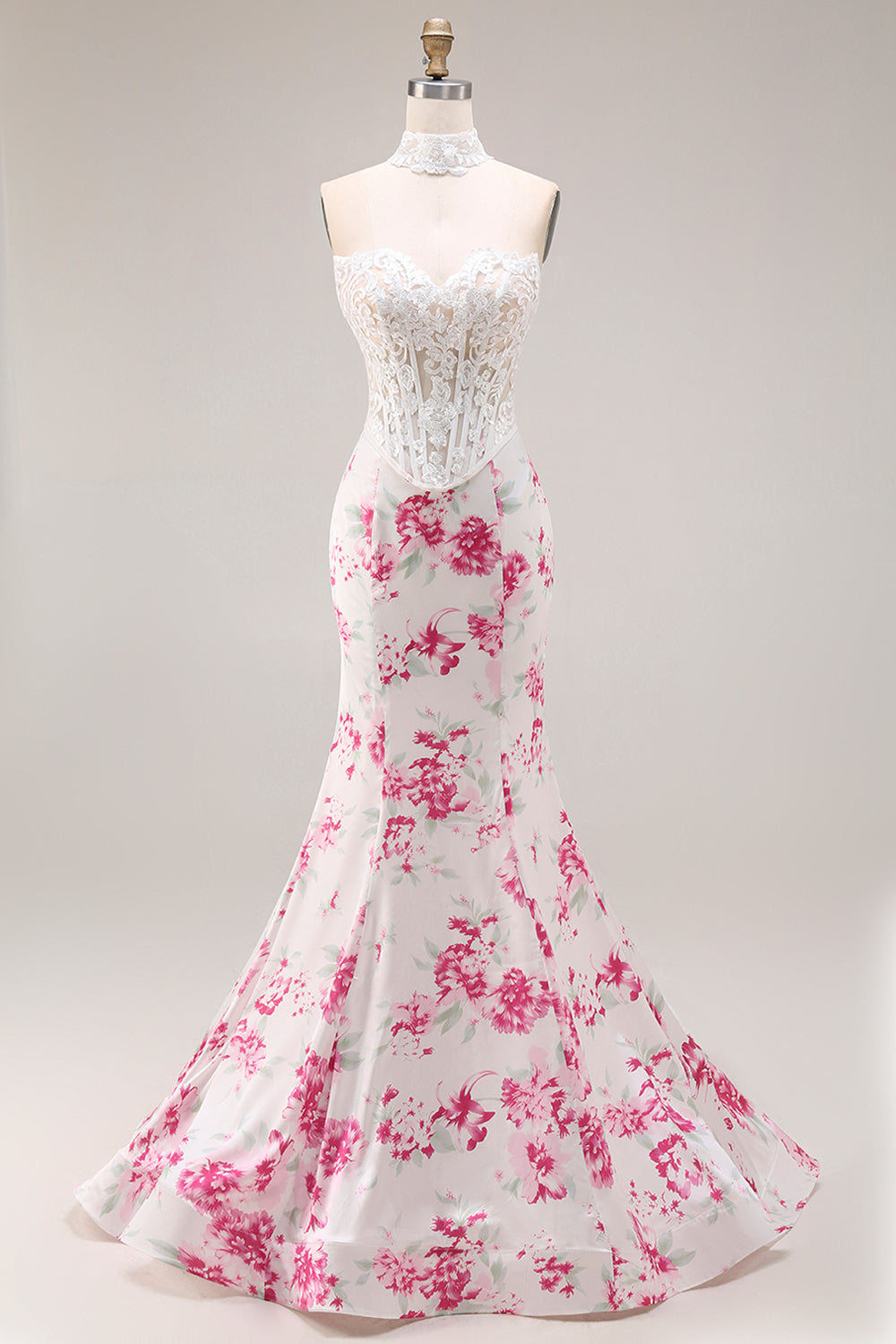 Strapless Mermaid Basque Waist White Floral Lace Prom Dress
