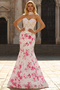 Strapless Mermaid Basque Waist White Floral Lace Prom Dress