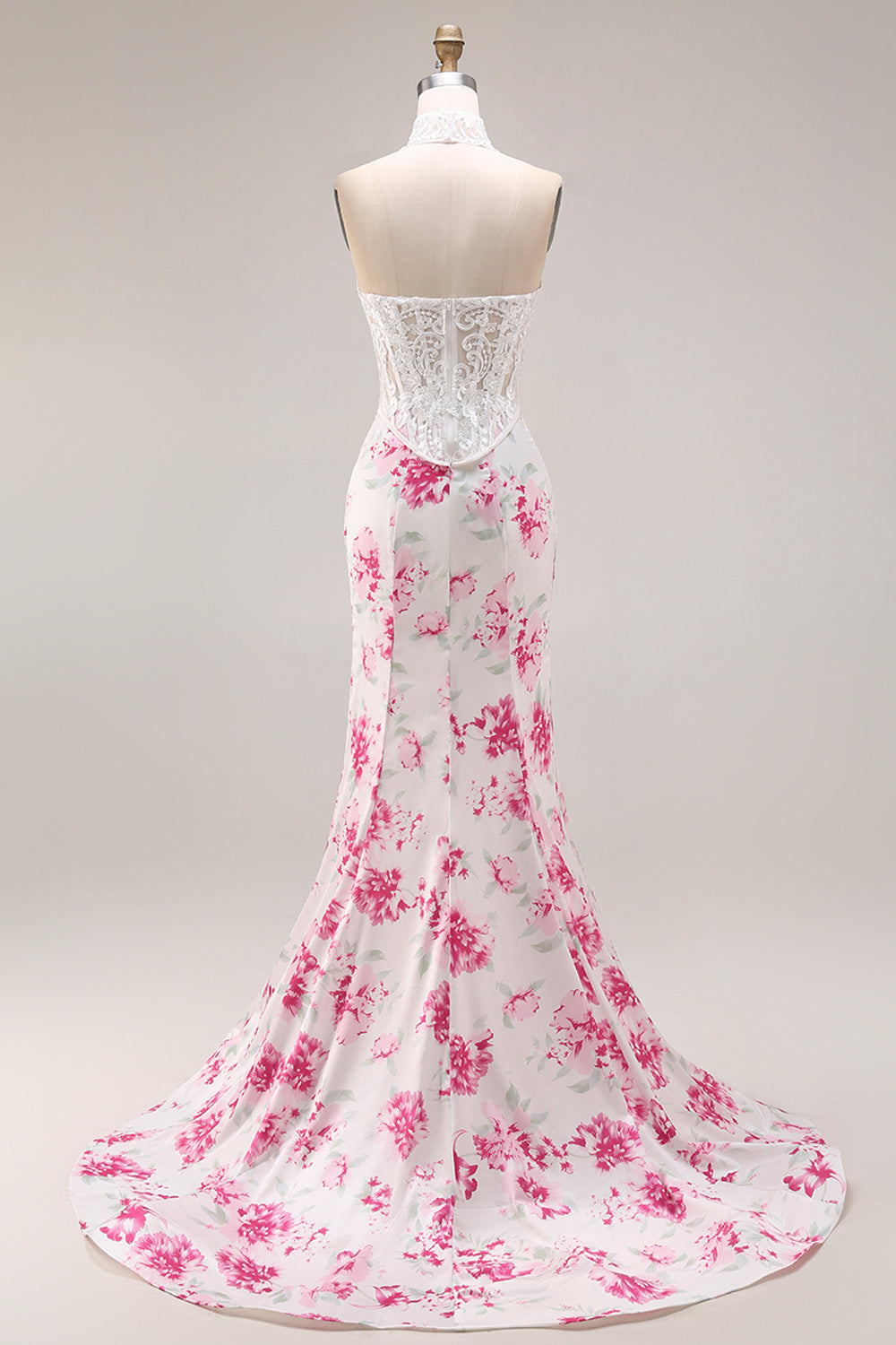 Strapless Mermaid Basque Waist White Floral Lace Prom Dress