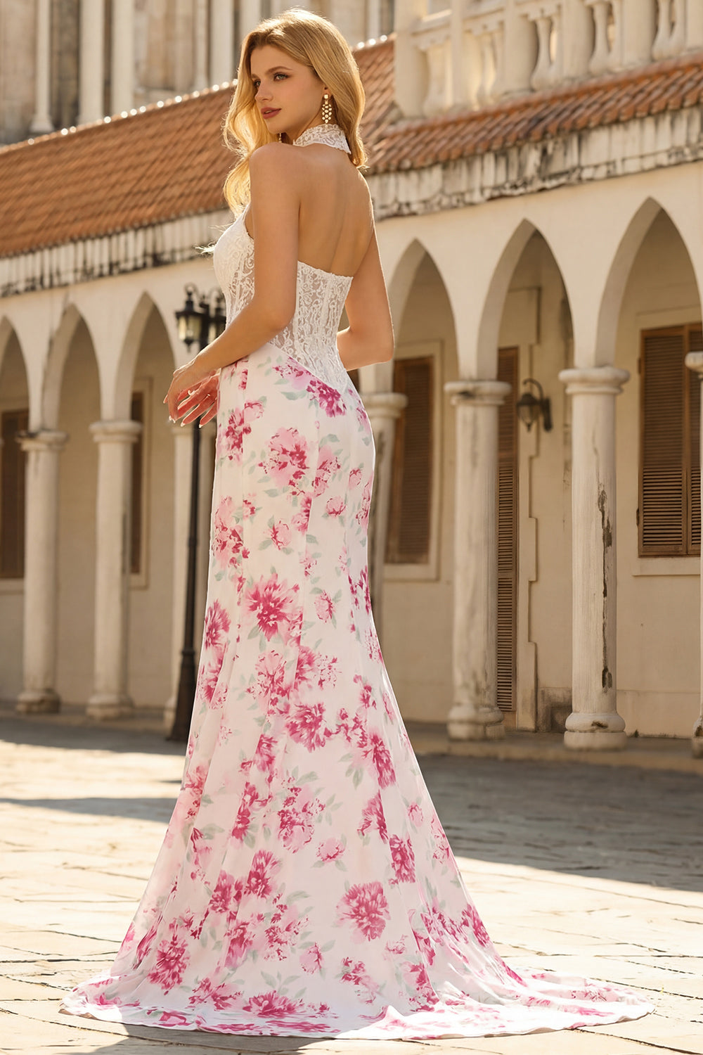 Strapless Mermaid Basque Waist White Fuchsia Floral Prom Dress