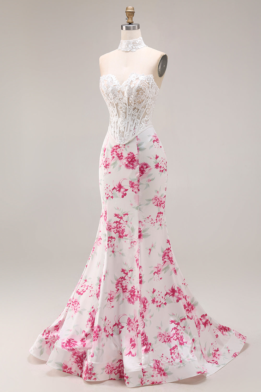 Strapless Mermaid Basque Waist White Fuchsia Floral Prom Dress