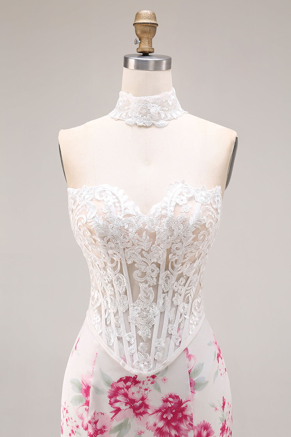 Strapless Mermaid Basque Waist White Fuchsia Floral Prom Dress