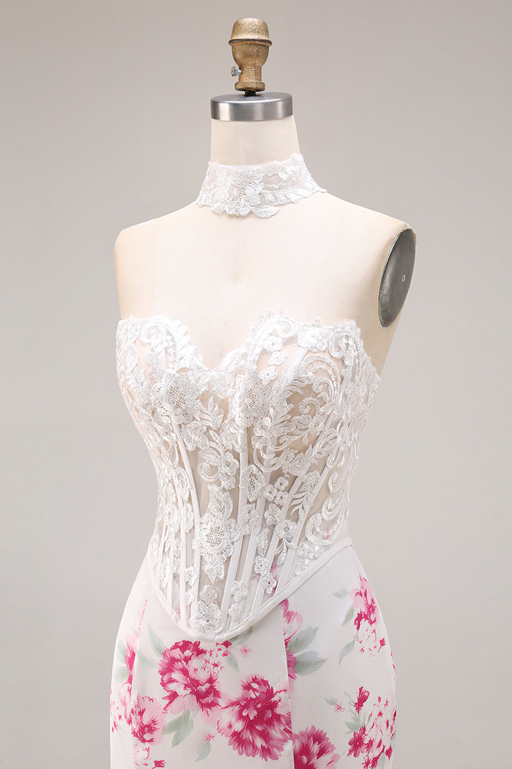 Strapless Mermaid Basque Waist White Fuchsia Floral Prom Dress