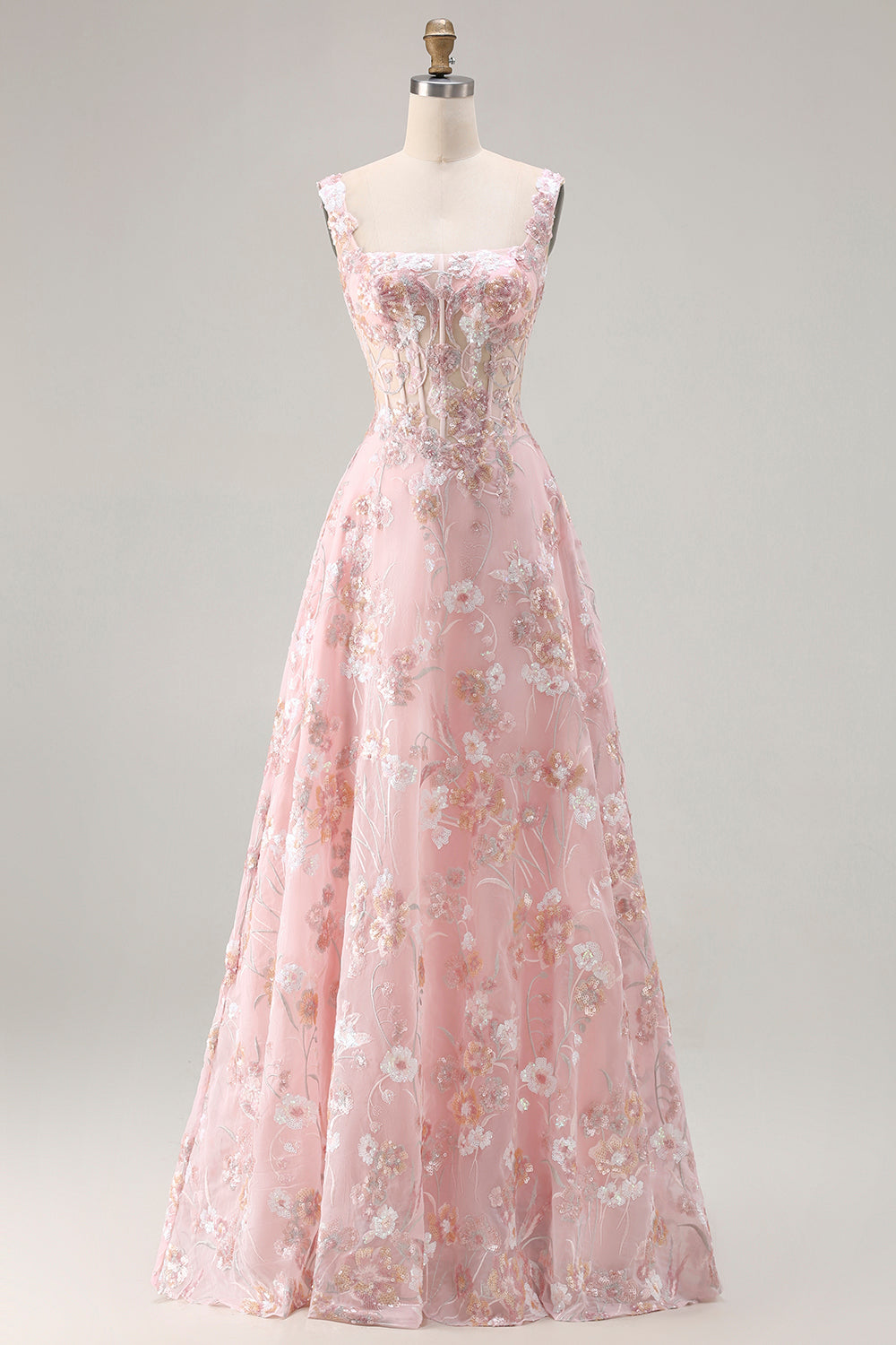 Pink Floral A-Line Corset Appliqued Maxi Prom Dress
