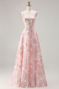 Pink Floral A-Line Corset Maxi Prom Dress With Sequins