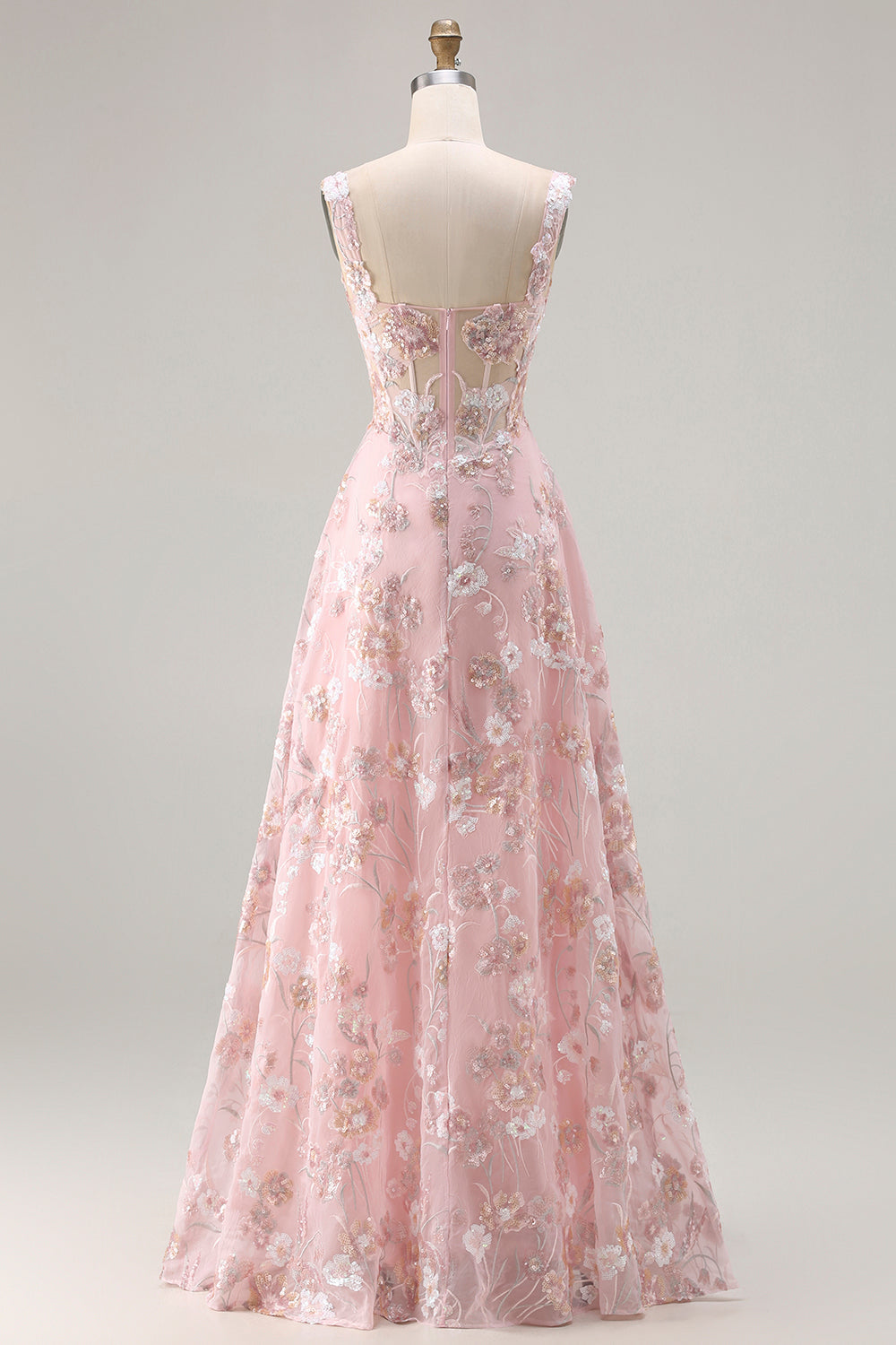 Pink Floral A-Line Corset Appliqued Maxi Prom Dress