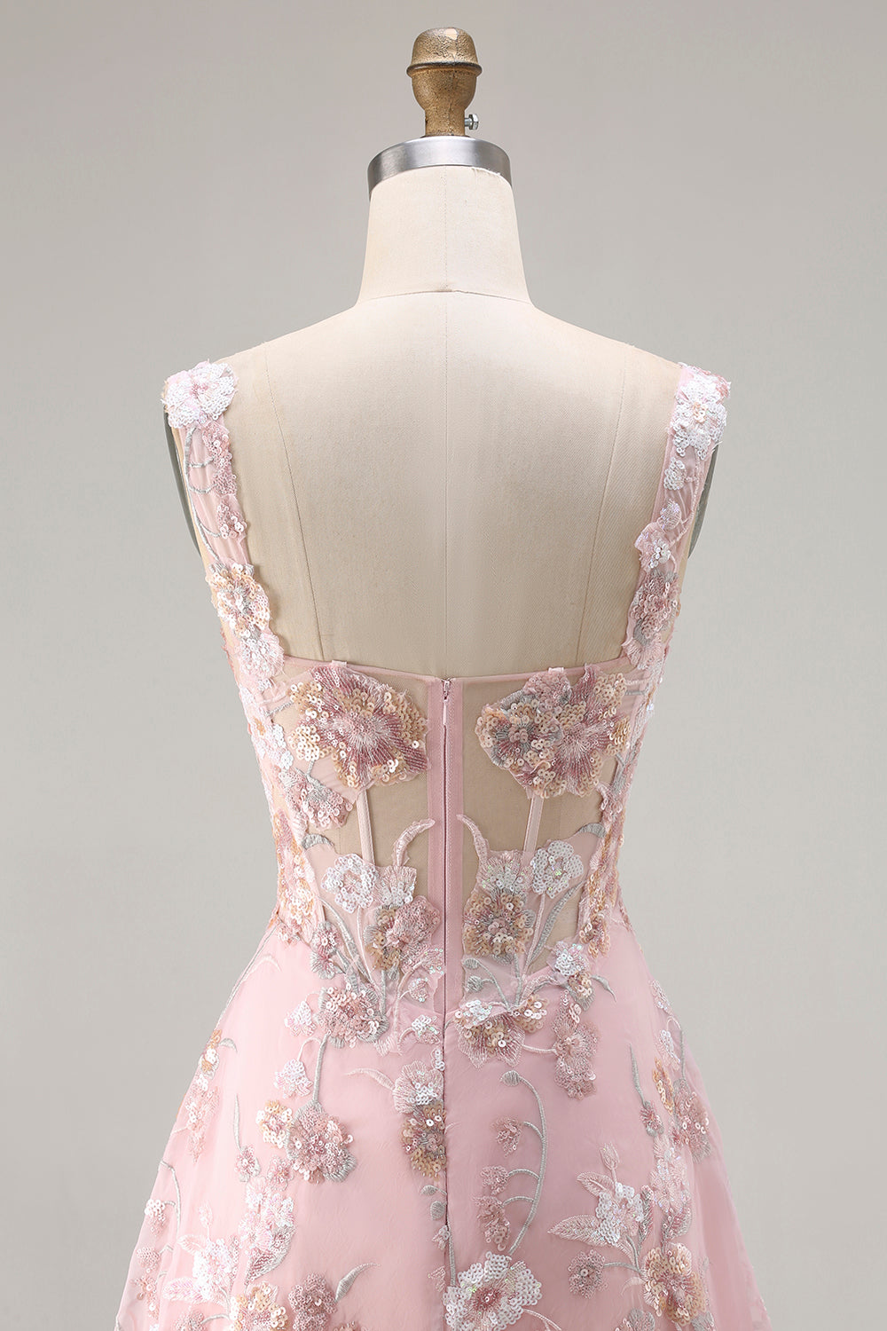 Pink Floral A-Line Corset Maxi Prom Dress With Sequins