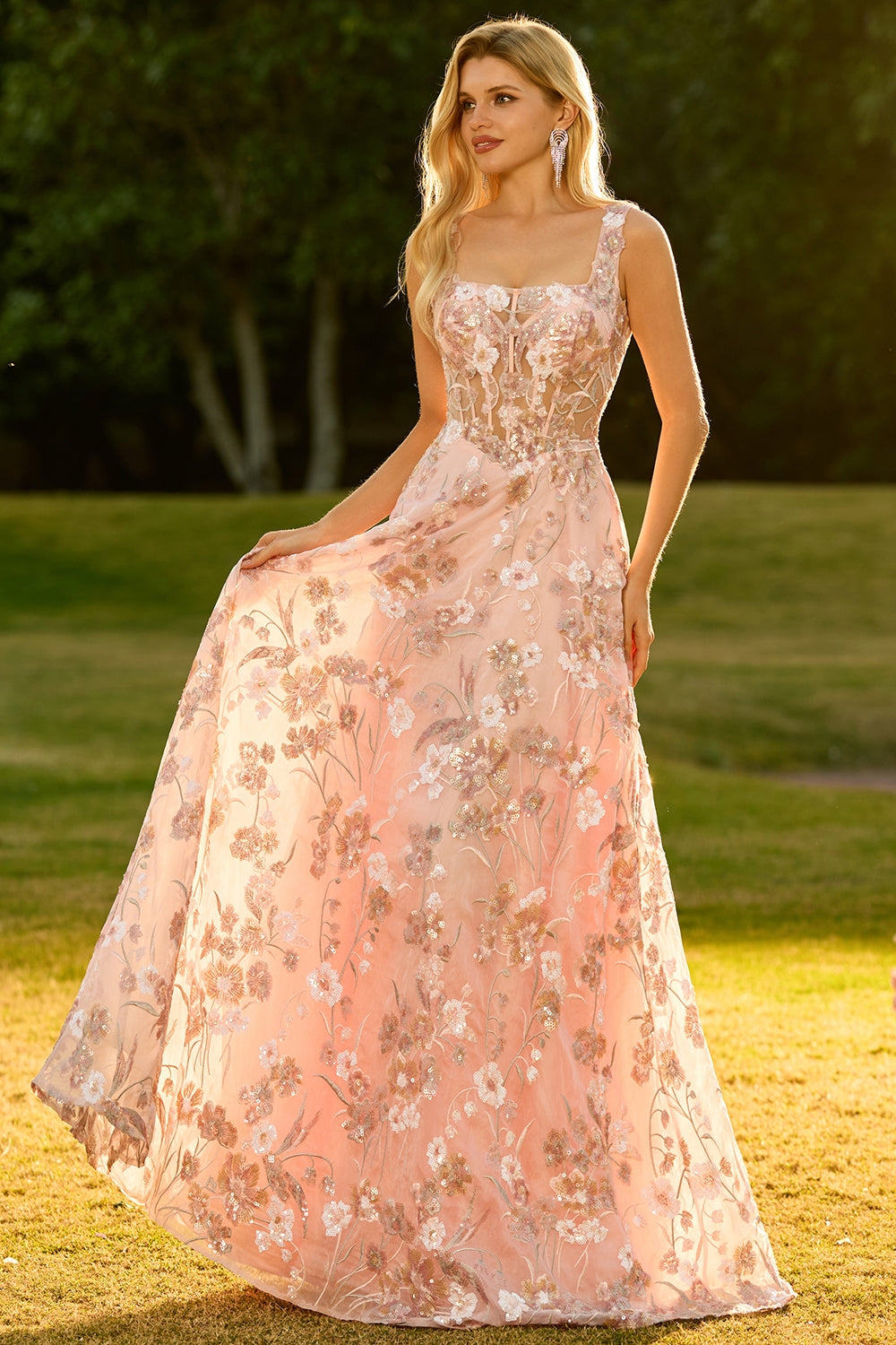Pink Floral A-Line Corset Appliqued Maxi Prom Dress
