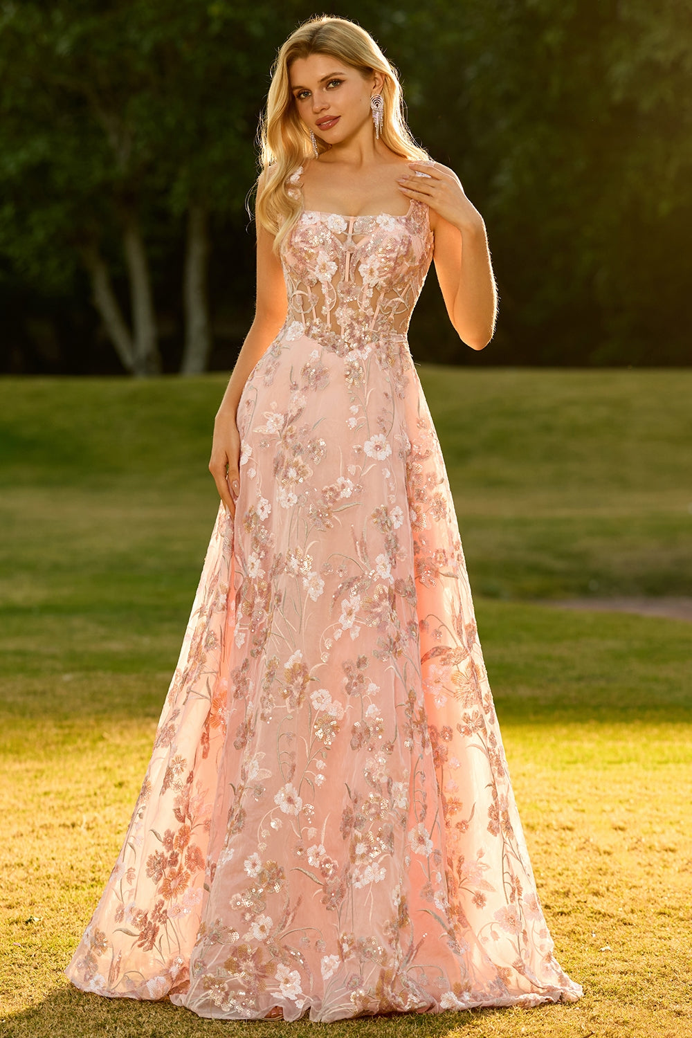 Pink Floral A-Line Corset Maxi Prom Dress With Sequins
