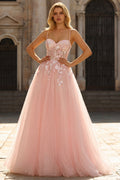 A Line Tulle Corset Blush Appliqued Prom Dress