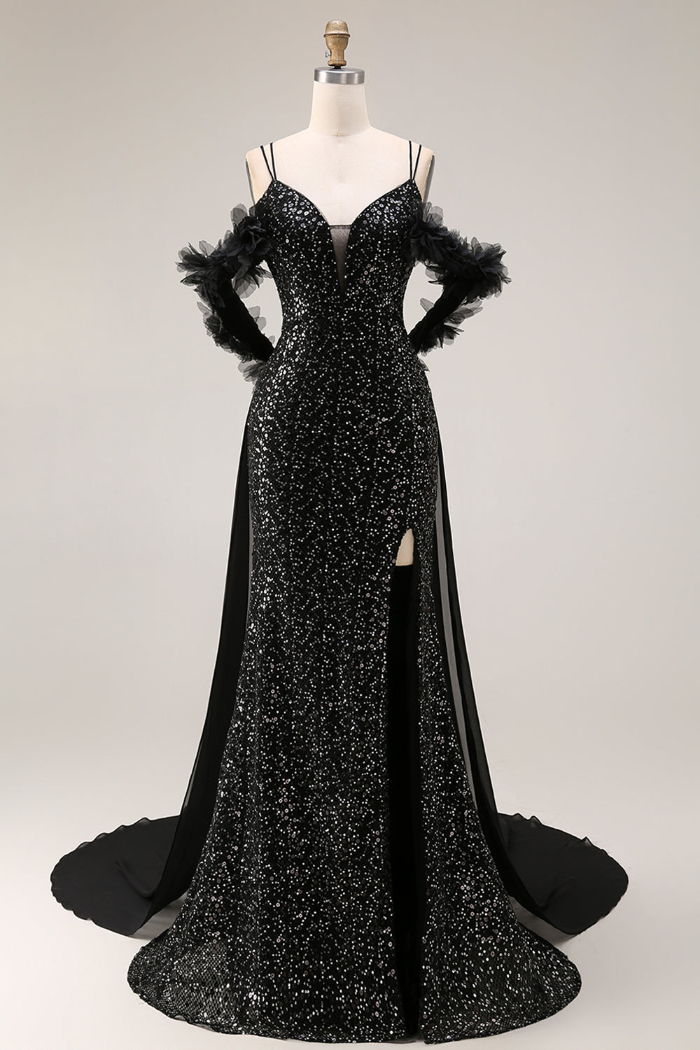 Sparkly Cold Shoulder Black Maxi Prom Dress with Slit