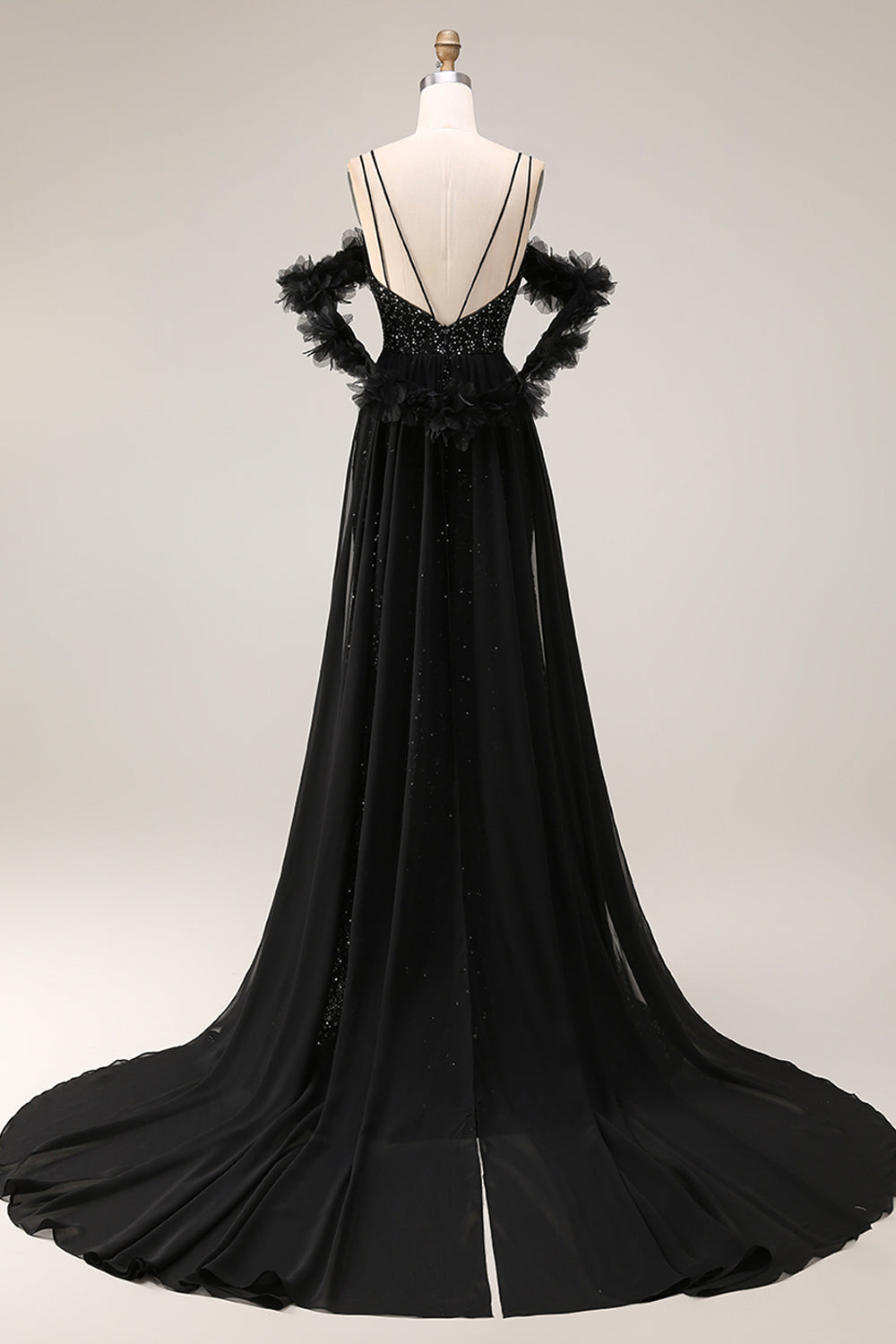Sparkly Cold Shoulder Black Maxi Prom Dress with Slit