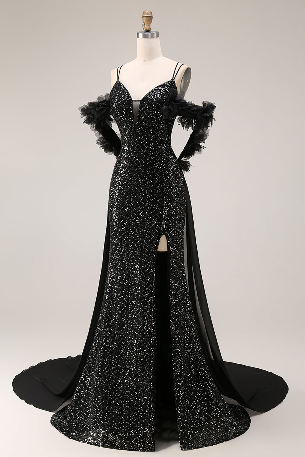 Sparkly Cold Shoulder Black Maxi Prom Dress with Slit