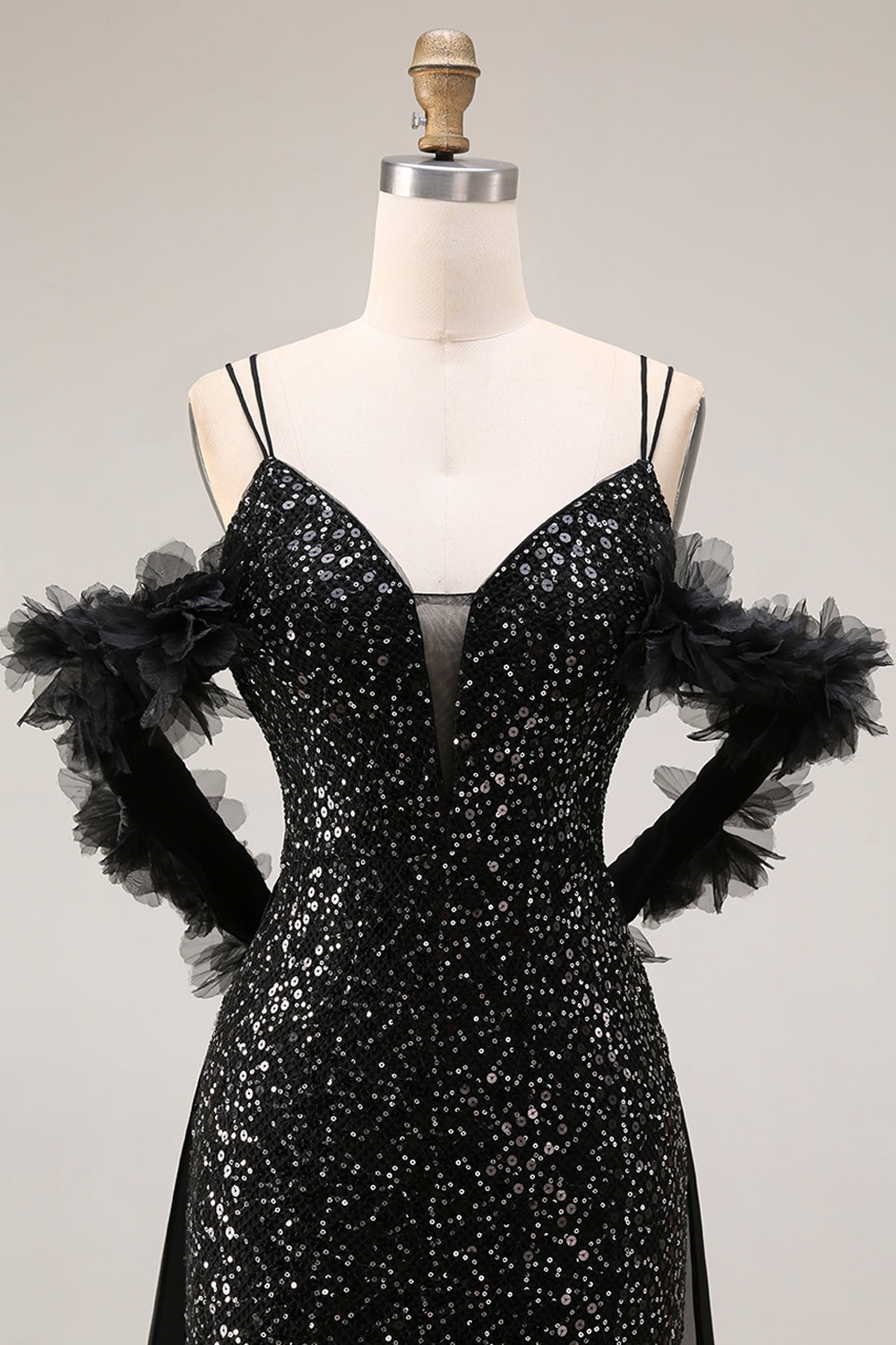 Sparkly Cold Shoulder Black Maxi Prom Dress with Slit