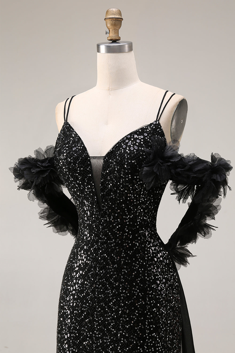 Sparkly Cold Shoulder Black Maxi Prom Dress with Slit