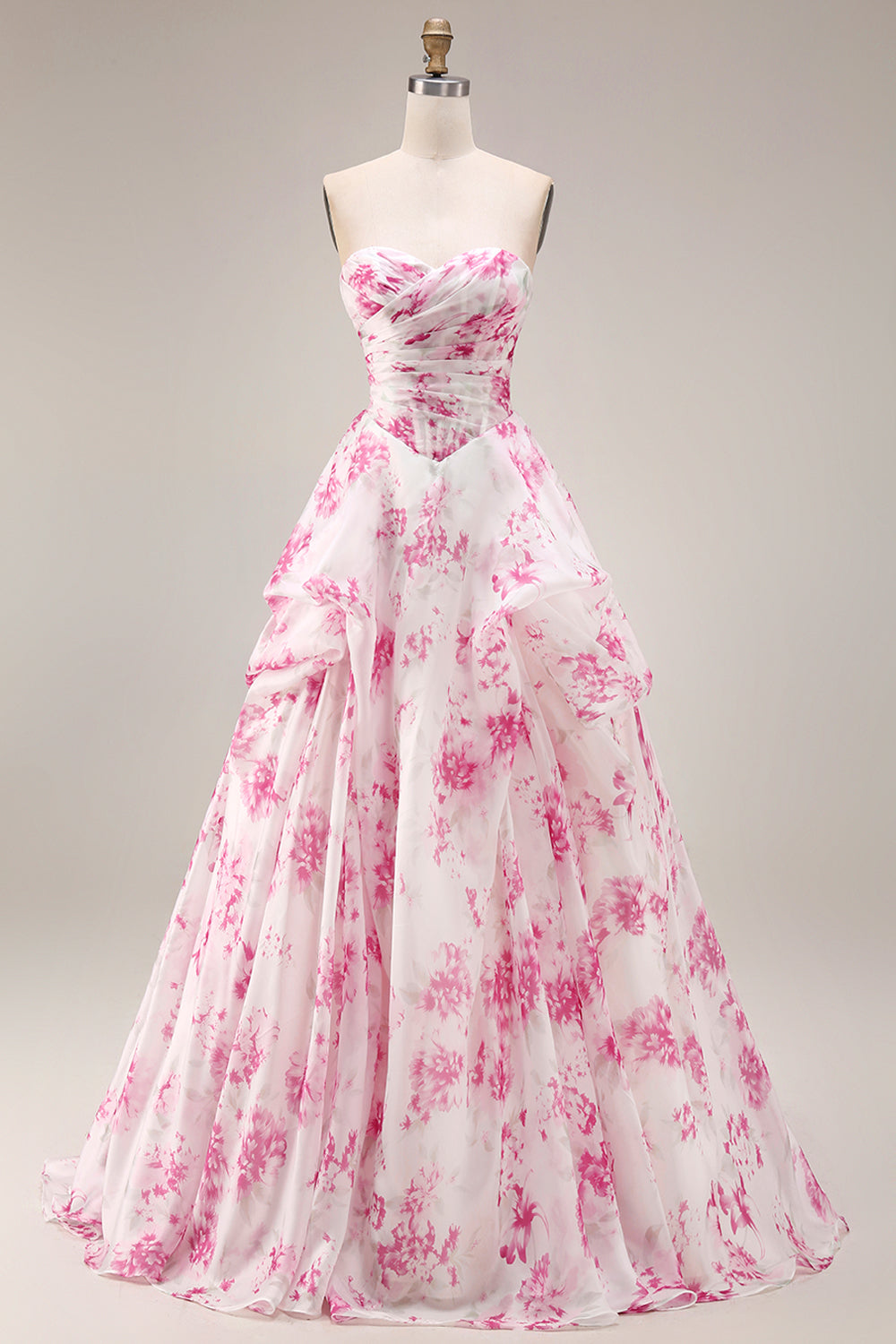 Strapless Basque Waist A Line White Fuchsia Floral Prom Dress