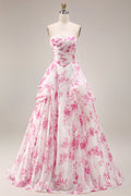 Strapless Basque Waist White Fuchsia Floral A Line Prom Dress