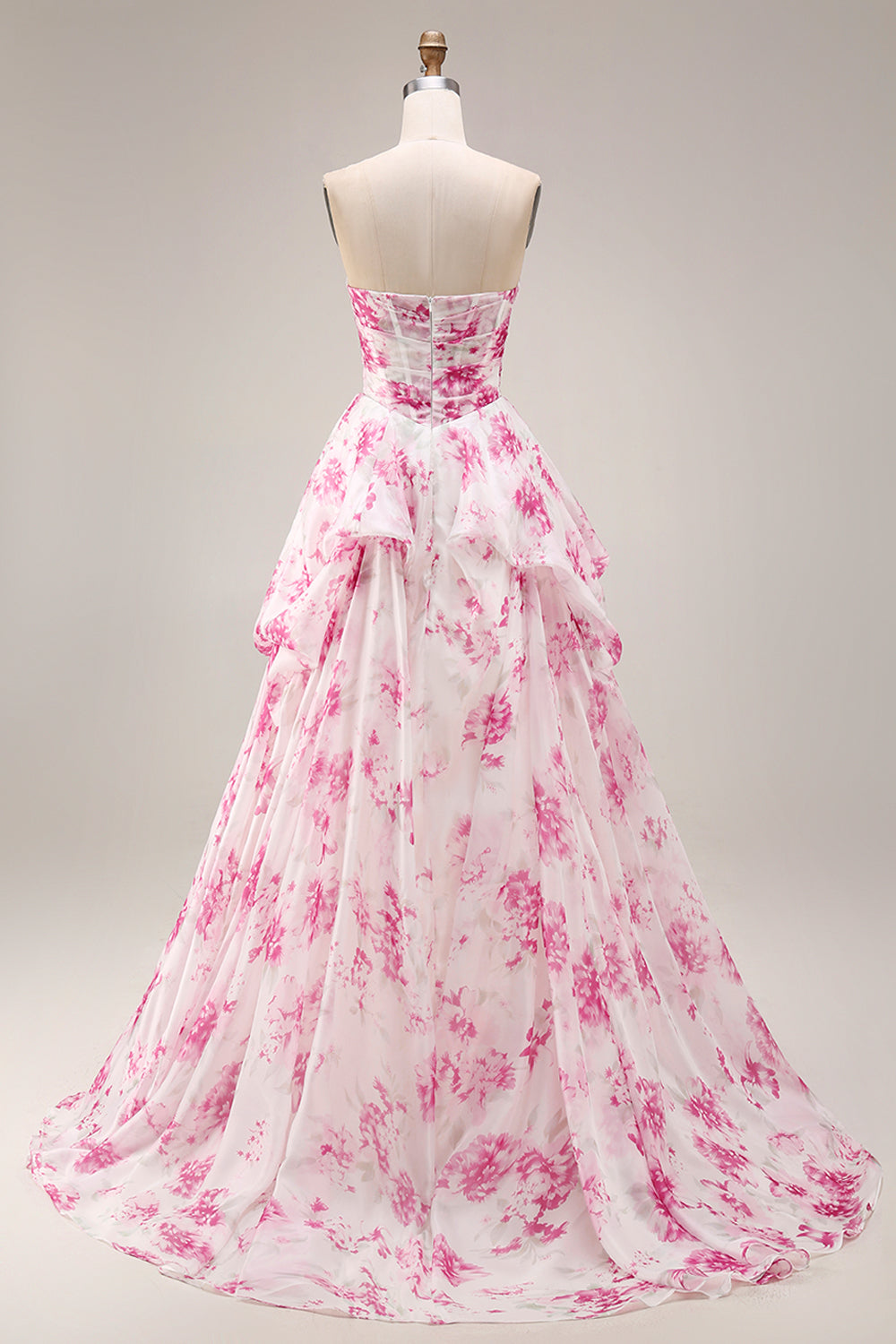 Strapless Basque Waist A Line White Fuchsia Floral Prom Dress