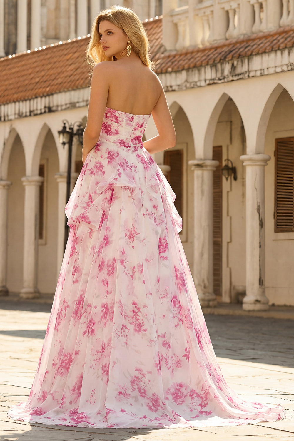 Strapless Basque Waist A Line White Fuchsia Floral Prom Dress