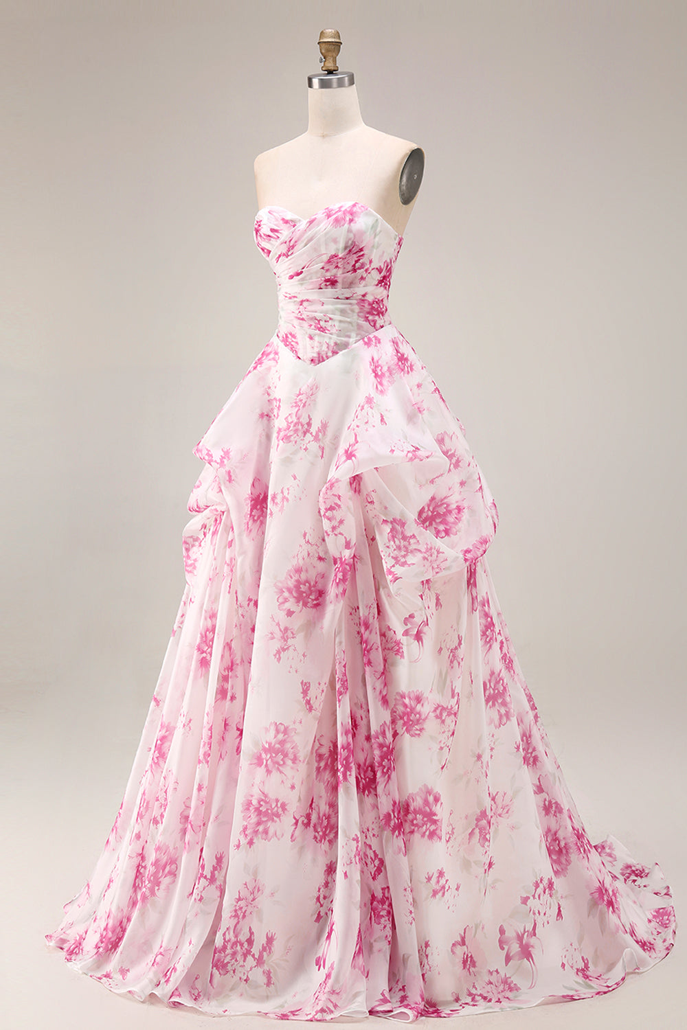 Strapless Basque Waist White Fuchsia Floral A Line Prom Dress