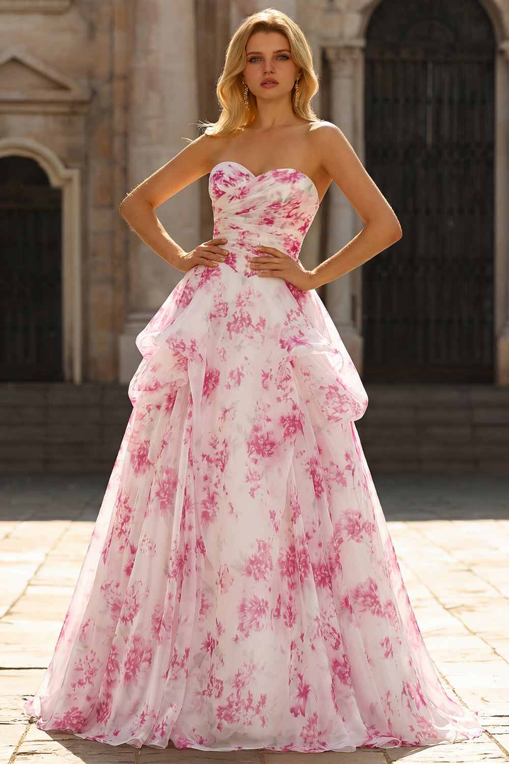 Strapless Basque Waist White Fuchsia Floral A Line Prom Dress