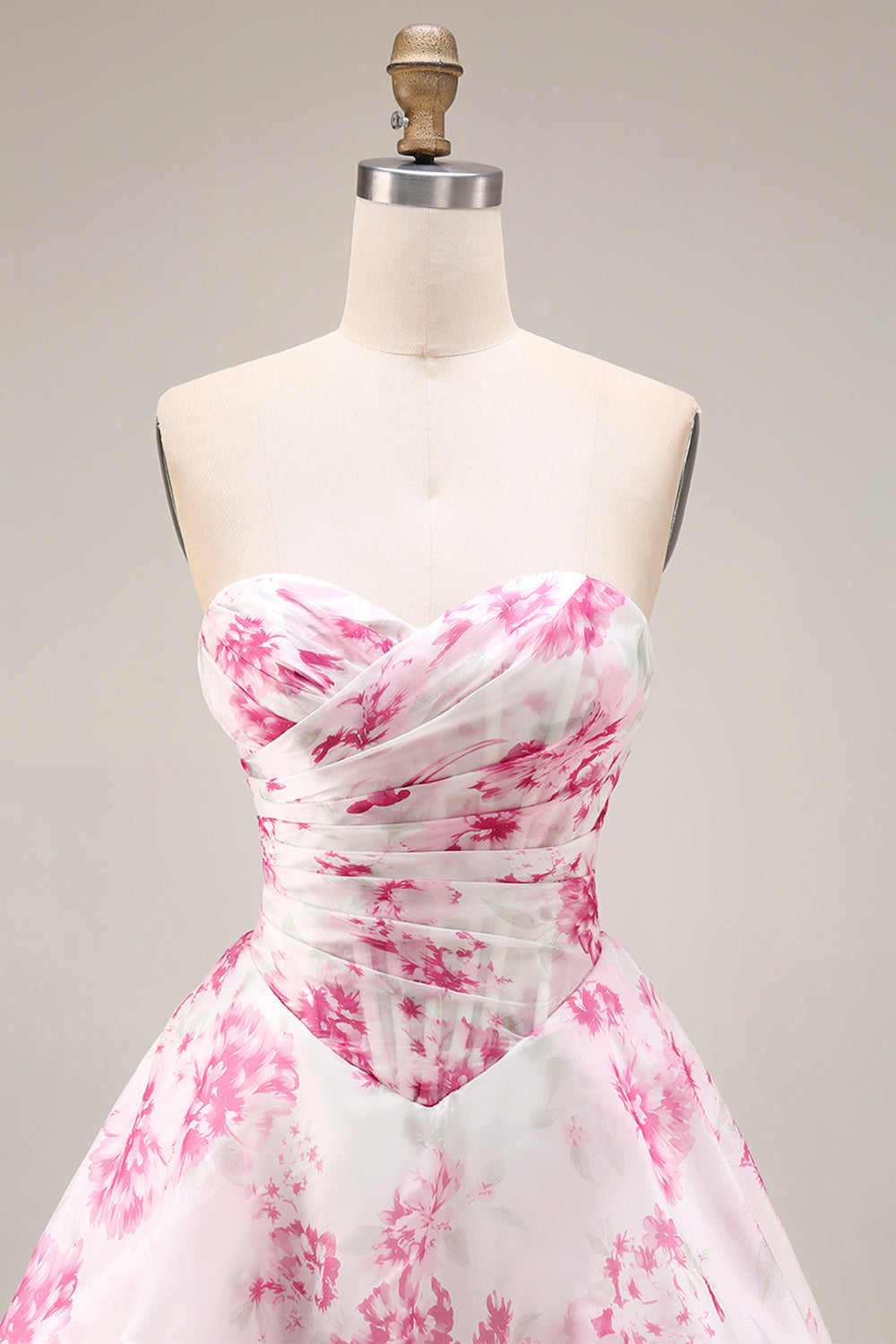 Strapless Basque Waist White Fuchsia Floral A Line Prom Dress