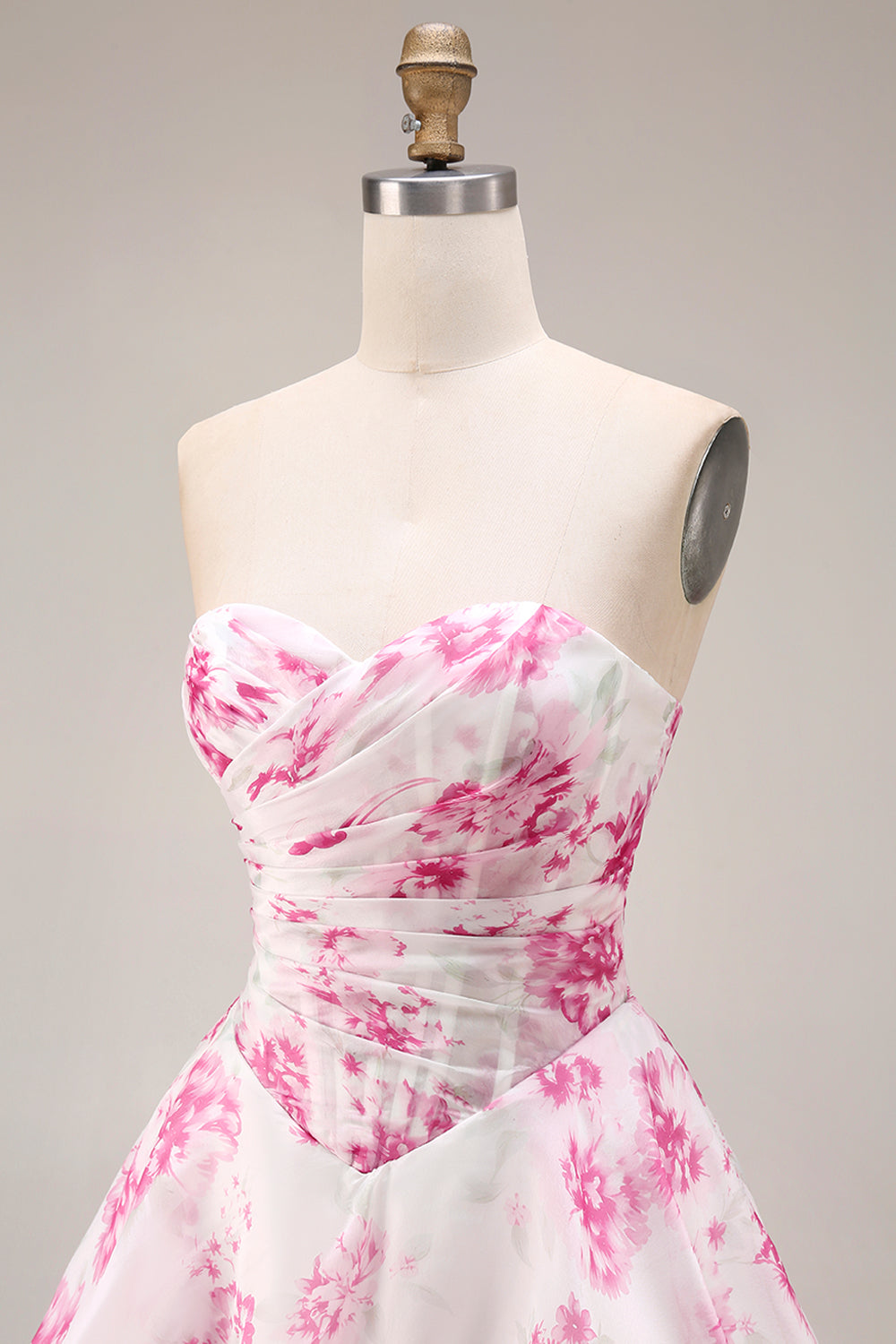 Strapless Basque Waist White Fuchsia Floral A Line Prom Dress