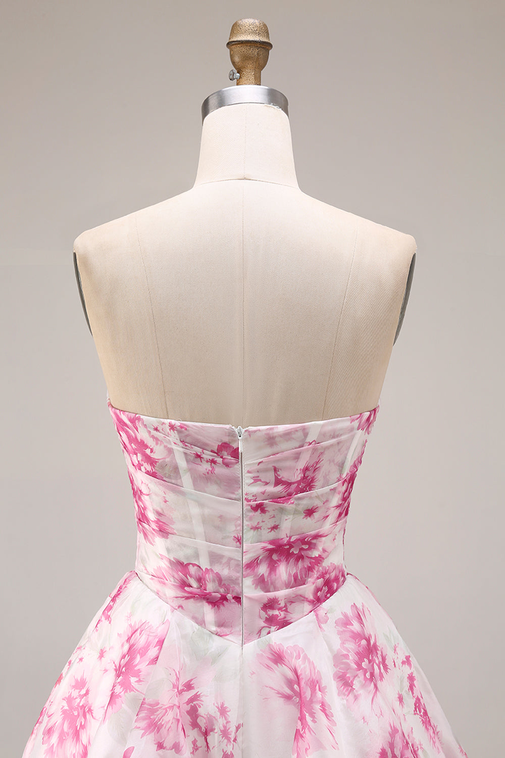Strapless Basque Waist White Fuchsia Floral A Line Prom Dress