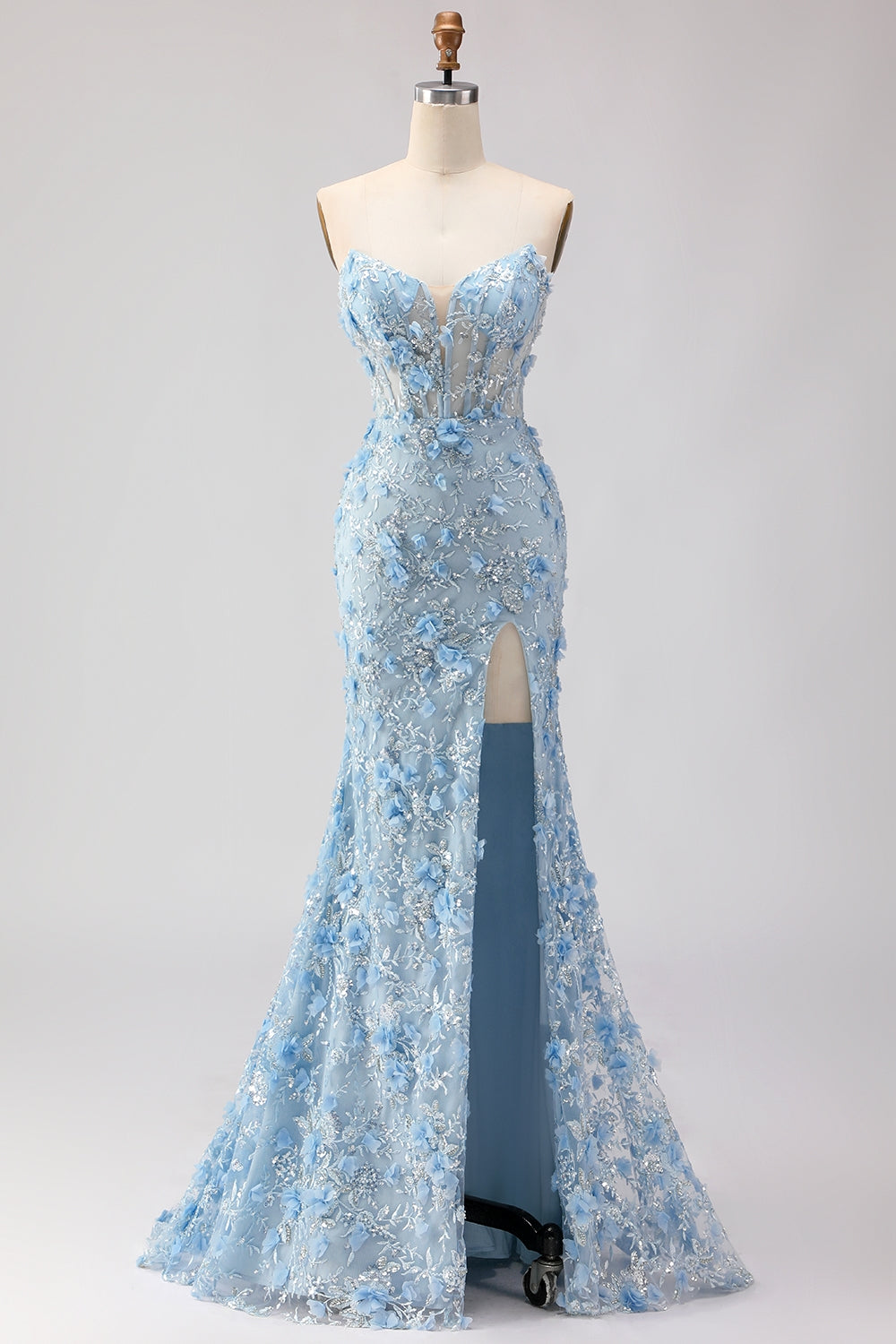 Sparkly Blue Sweetheart Mermaid Appliqued Prom Dress