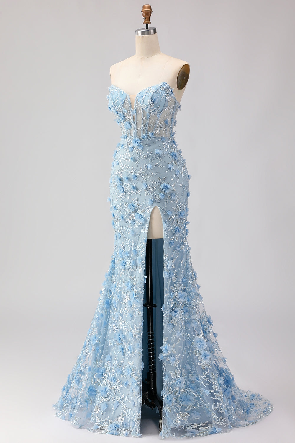 Sparkly Blue Sweetheart Mermaid Appliqued Prom Dress