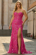 Sparkly Strapless Mermaid Fuchsia Plus Size Prom Dress
