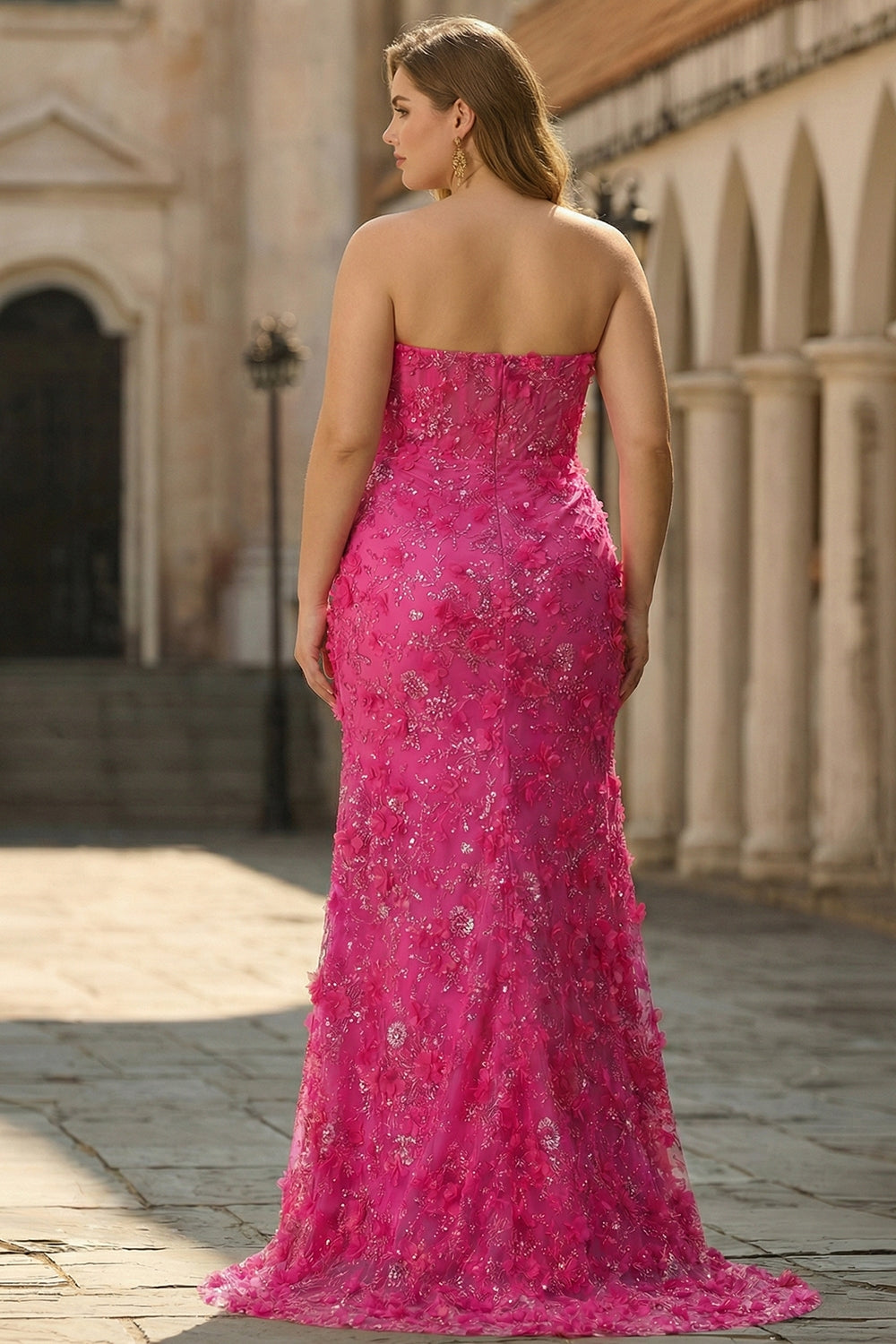 Sparkly Strapless Mermaid Fuchsia Plus Size Prom Dress