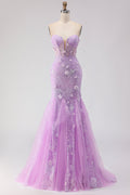 Purple Strapless Lace Mermaid Prom Dress With 3D Flowers