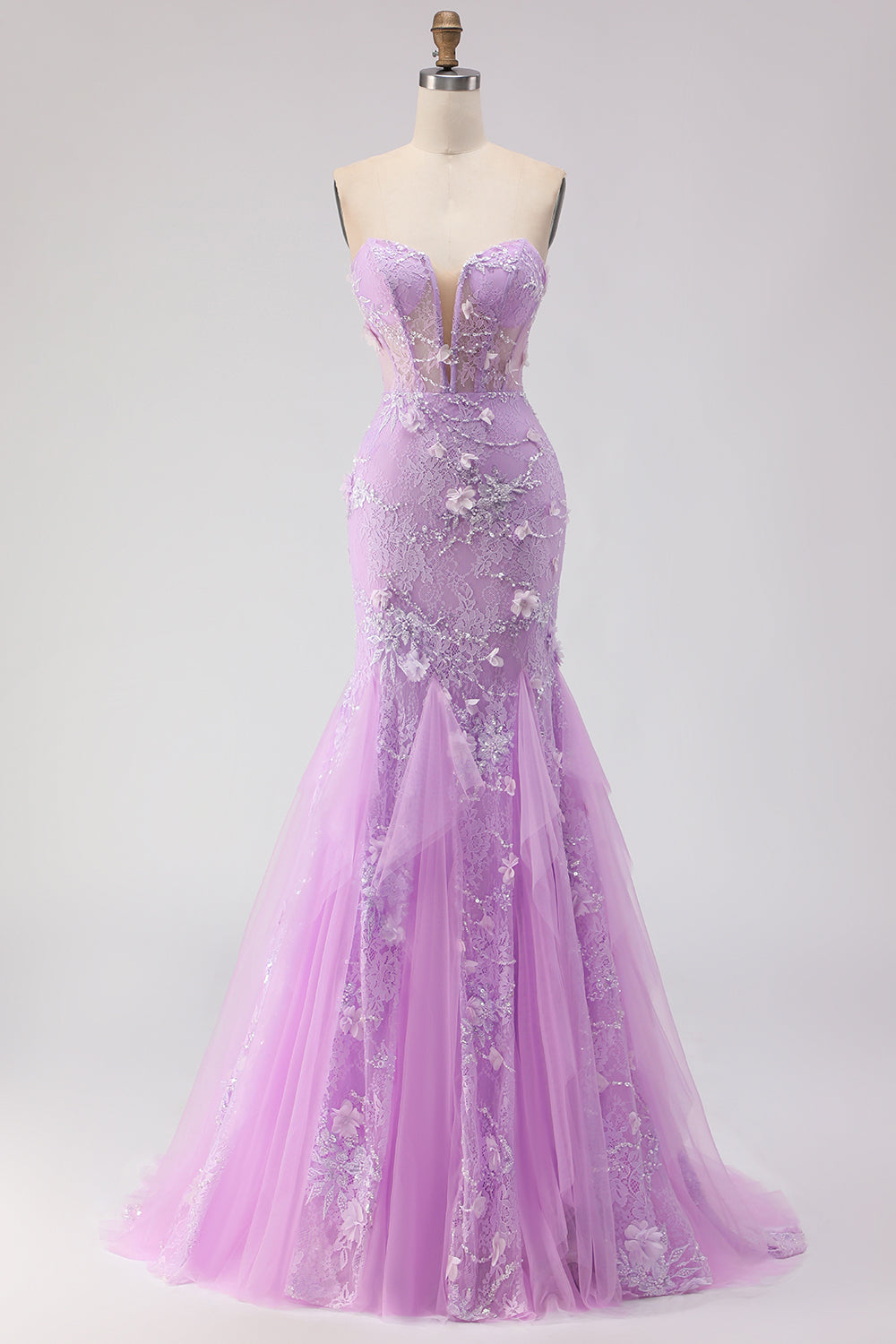 Purple Strapless Lace Mermaid Prom Dress With 3D Flowers
