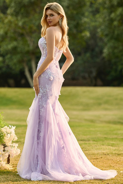 Purple 3D Floral Strapless Lace Mermaid Prom Dress