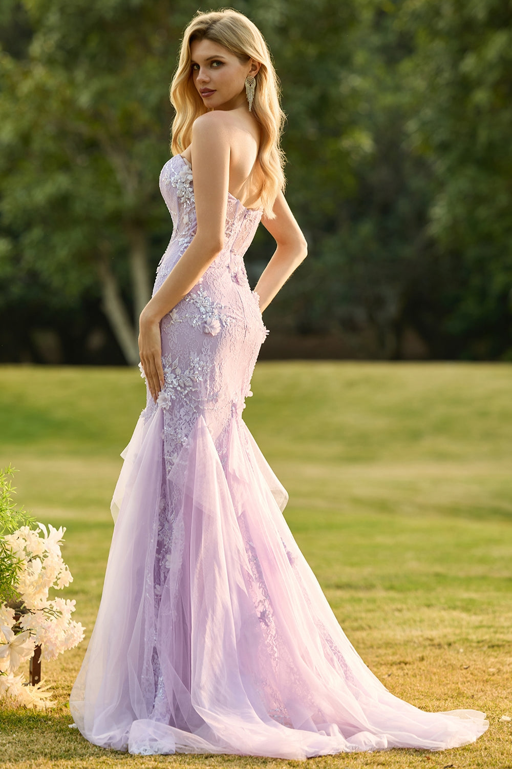 Yellow Strapless Corset Mermaid Prom Dress with 3D Flowers