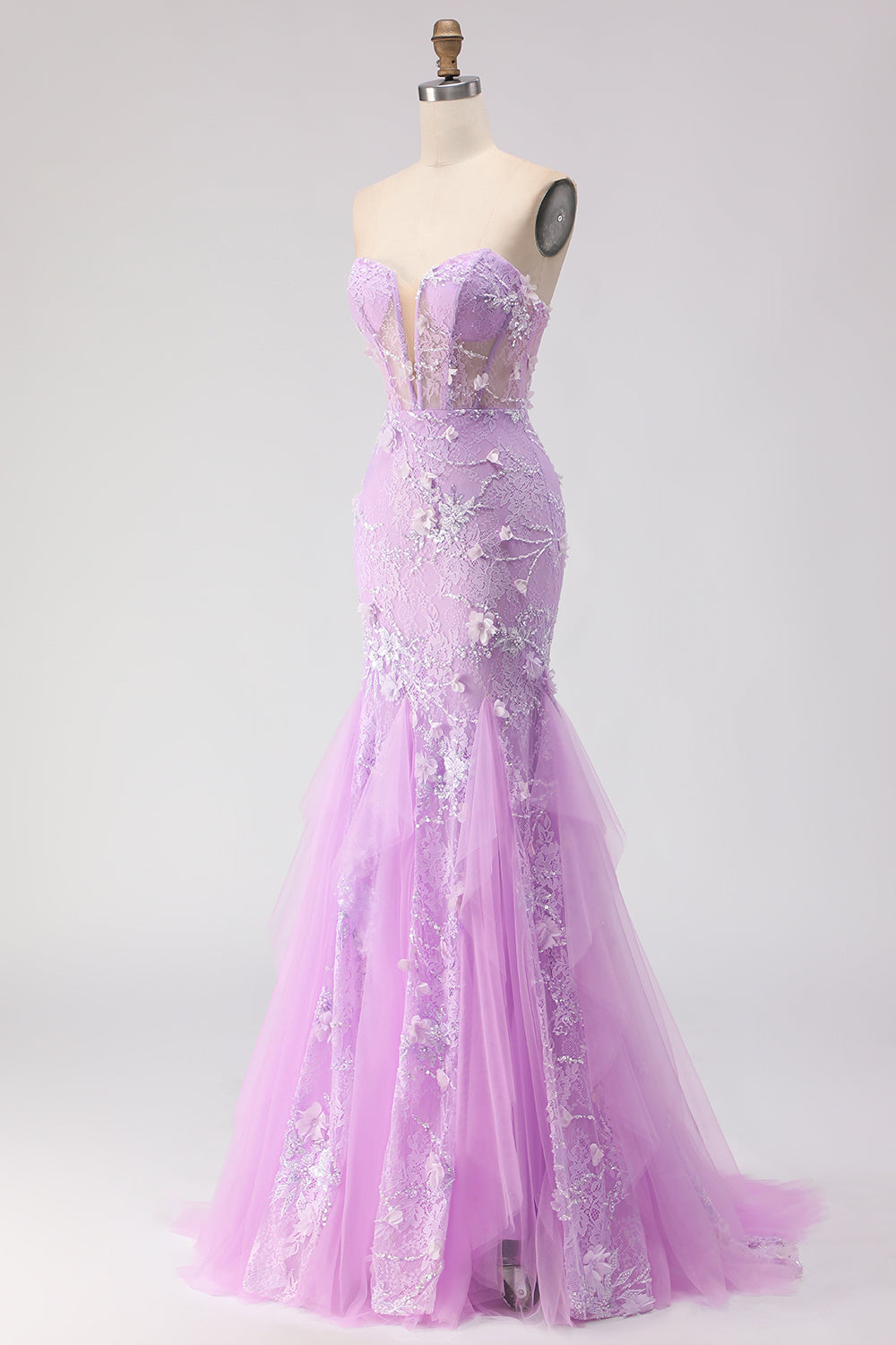 Purple Strapless Lace Mermaid Prom Dress With 3D Flowers