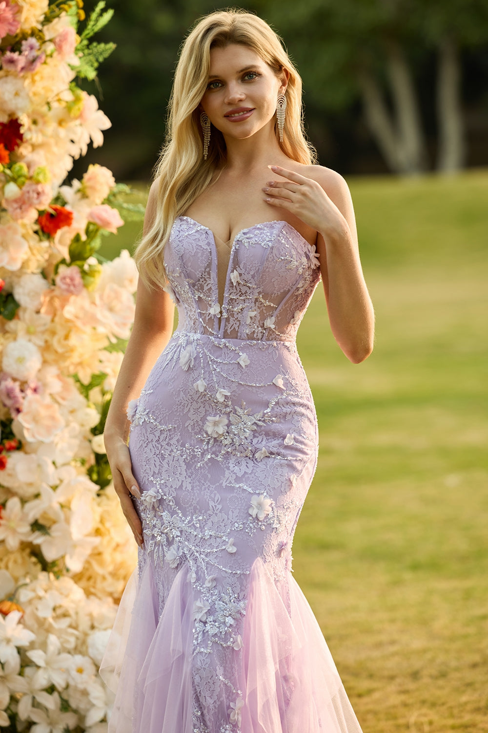 Yellow Strapless Corset Mermaid Prom Dress with 3D Flowers