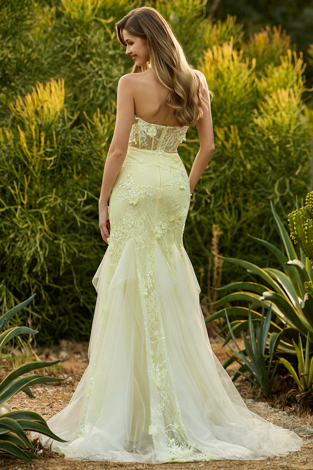 Yellow Strapless Corset Mermaid Prom Dress with 3D Flowers
