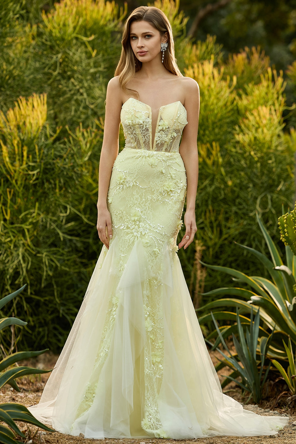 Yellow Strapless Corset Mermaid Prom Dress with 3D Flowers
