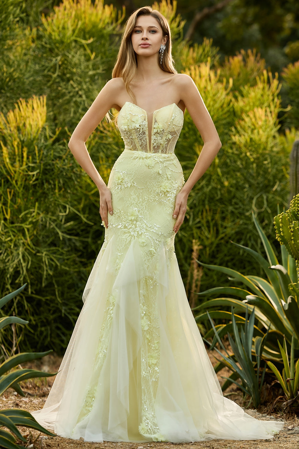 Yellow Strapless Corset Mermaid Prom Dress with 3D Flowers