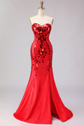Sparkly Red Mermaid Strapless Beaded Prom Dress