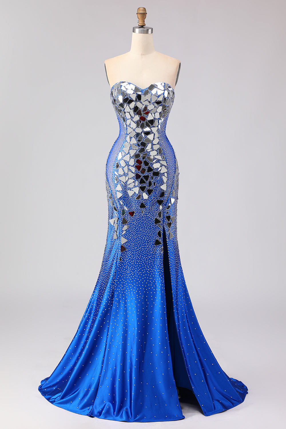 Sparkly Beaded Mermaid Royal Blue Strapless Prom Dress